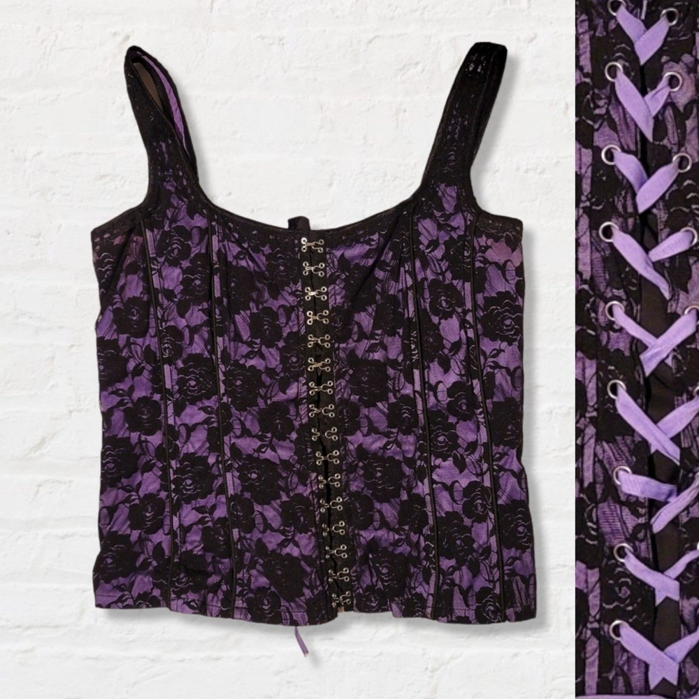 Vintage Tripp Nyc Corset Floral Lace-up Hook Purple & Black XXL - Picture 1 of 11